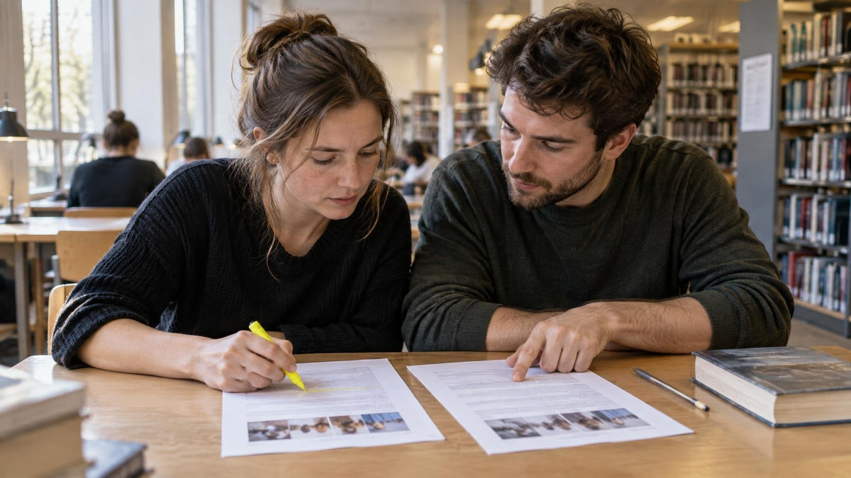 Ein junges Paar sitzt in einer Stadtbibliothek an einem Holztisch vor zwei ausgedruckten Angeboten von Fotografen. Sie markiert eine Zeile auf dem einen Blatt, er zeigt auf dieselbe Zeile im anderen.