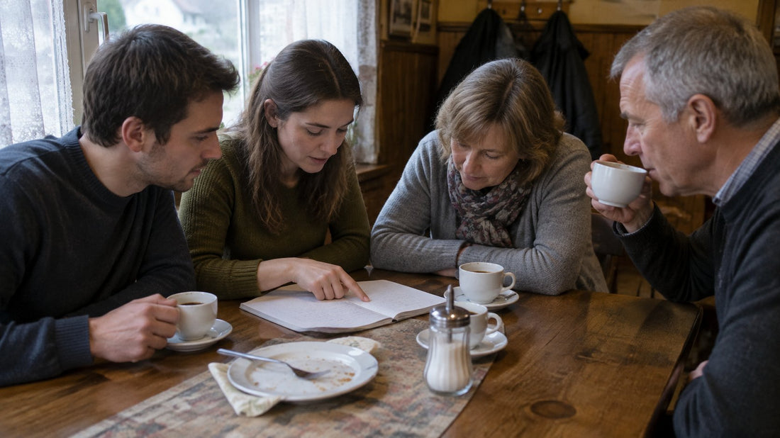Ein junges Paar sitzt mit den Eltern der jungen Frau in einem Gasthaus beim Kaffee. Die junge Frau zeigt in einem Notizbuch auf eine handgeschriebene Liste, ihre Mutter beugt sich vor und liest mit.