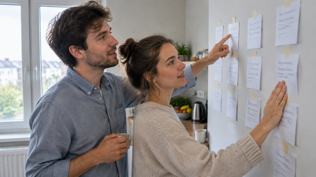 Ein Paar steht vor einer Wand mit beschrifteten Zetteln in Gruppen, er zeigt auf einen Zettel, sie legt die Hand an einen anderen.