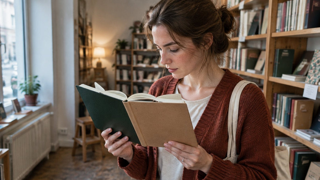 Eine junge Frau steht in einer Buchhandlung vor einem Regal und vergleicht zwei aufgeschlagene Notizbücher ohne Titel.