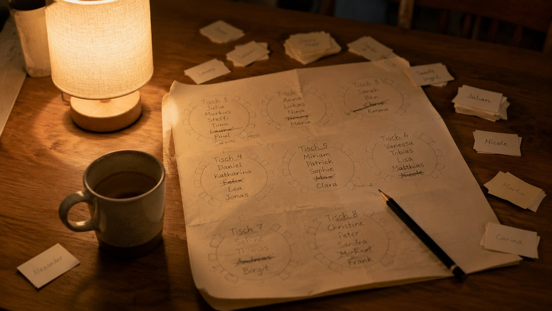 Handgezeichneter Sitzplan mit acht runden Tischen auf Papier, daneben Namenskarten, ein Bleistift und eine Tasse Kaffee