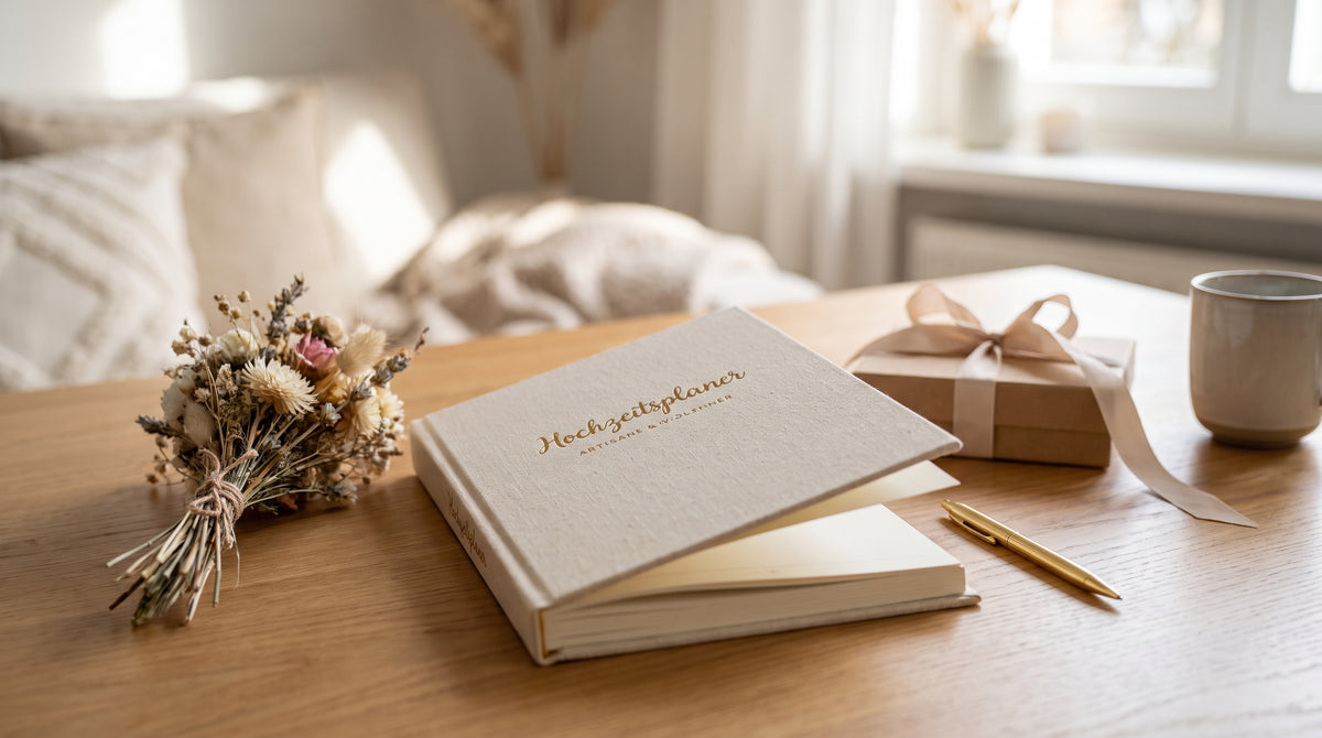 Ein elegantes analoges Hochzeitsplanungsbuch, das auf einem Tisch neben Blumen aufgeschlagen ist – ein perfektes Hochzeitsgeschenk für Verlobungsfeiern