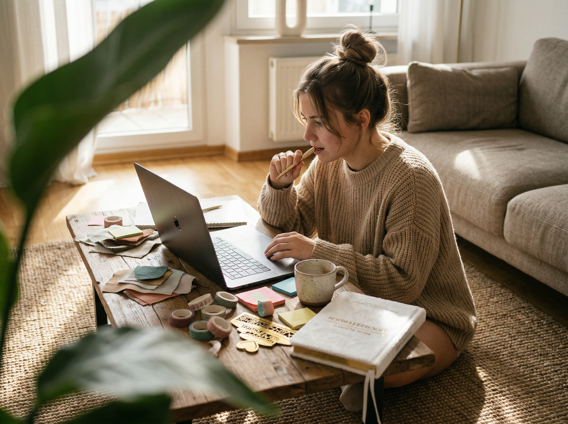 Eine Frau in einem gemütlichen Pullover sitzt auf dem Boden neben einem Couchtisch und arbeitet an einem Laptop. Sie beißt in einen Stift, umgeben von Notizbüchern, Haftnotizen und einer Tasse, in einem hellen, gemütlichen Wohnzimmer, in das Sonnenlicht fällt.