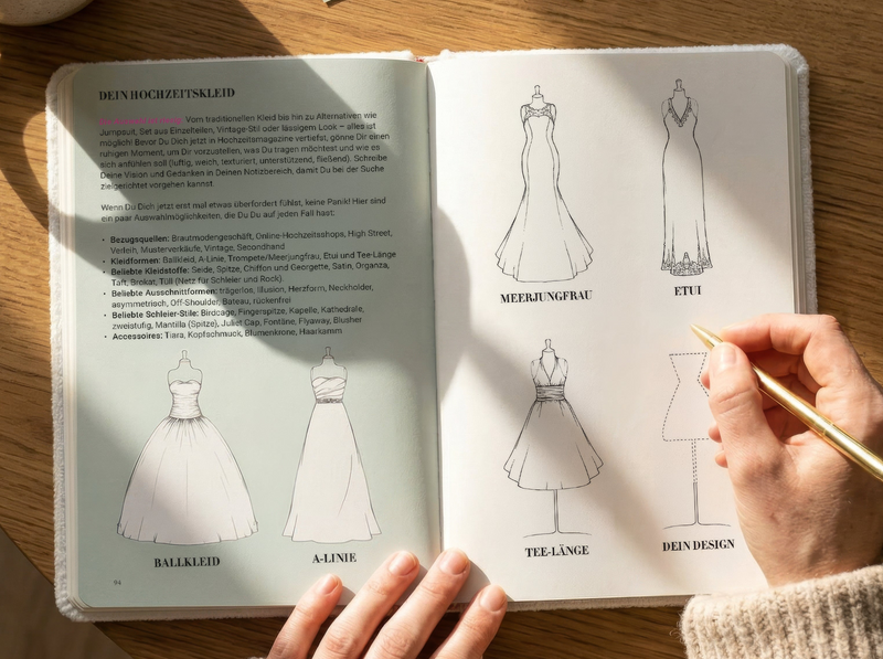 Eine Doppelseite aus einer Hochzeitsplanungszeitschrift. Der Text DEIN HOCHZEITSKLEID ist zu sehen, gefolgt von Aufzählungspunkten über Hochzeitskleider. Es sind mehrere Abbildungen von Kleidern zu sehen: Ballkleid, A-Linie, Meerjungfrau, Etui, Tee-Länge und eine Skizze für DEIN DESIGN. Eine Hand hält einen goldenen Stift über der DEIN DESIGN-Skizze.