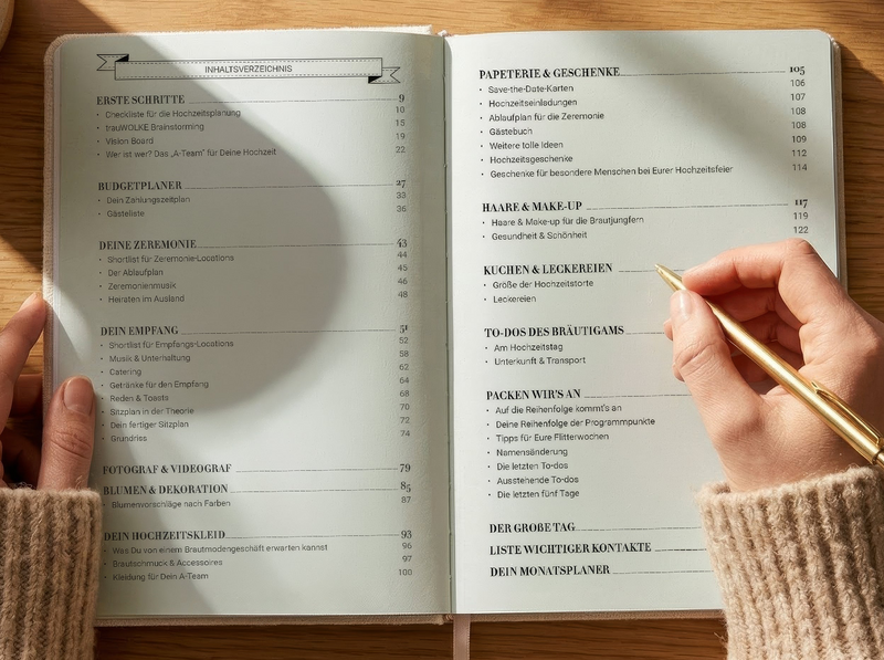 Eine Person, die einen Stift in der Hand hält, liest eine Checkliste für die Hochzeitsplanung in deutscher Sprache, die offen auf einem Tisch liegt, auf den das Sonnenlicht Schatten wirft. Die Liste enthält Schritte für die Planung, das Budget, die Zeremonie, Geschenke, die Torte, das Make-up, die Verpackung und einen Zeitplan.