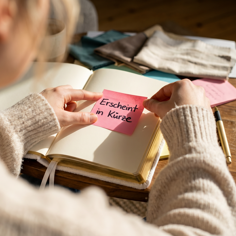 Eine Person in einem beigen Pullover legt einen rosafarbenen Klebezettel mit der Aufschrift "Erscheint in Kürze" in ein aufgeschlagenes Notizbuch; Stoffmuster und ein Stift liegen in der Nähe auf dem Holztisch.