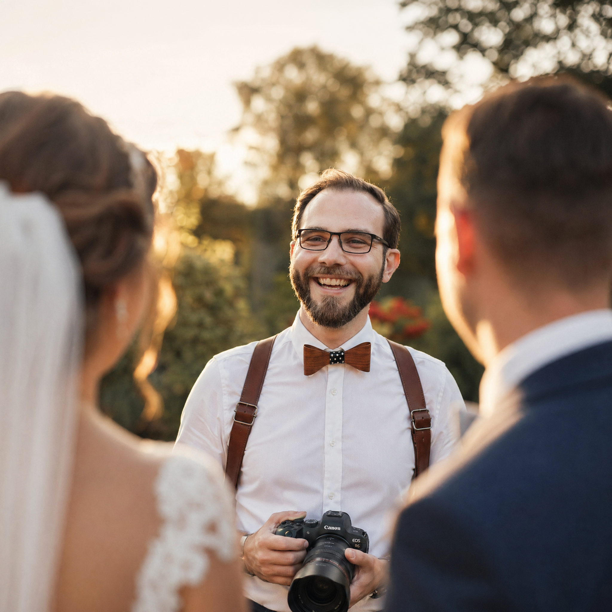 Ein lächelnder Fotograf mit Brille und Fliege hält eine Kamera, während er sich mit einem Brautpaar im Freien unterhält, mit Bäumen und warmem Sonnenlicht im Hintergrund.