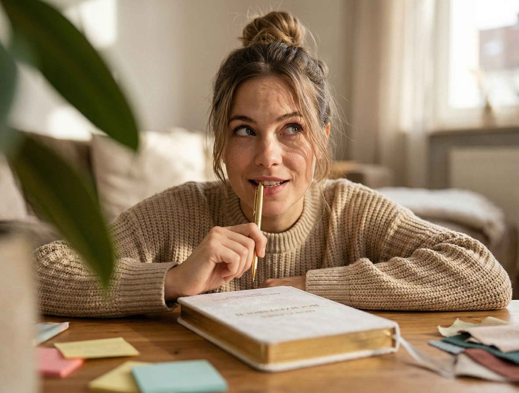 Eine junge Frau in einem beigen Pullover sitzt an einem Tisch, lächelt nachdenklich und hält einen Stift an ihre Lippen. Sie hat ein aufgeschlagenes Notizbuch vor sich liegen und bunte Haftnotizen verstreut. An der Seite ist eine Pflanze zu sehen.