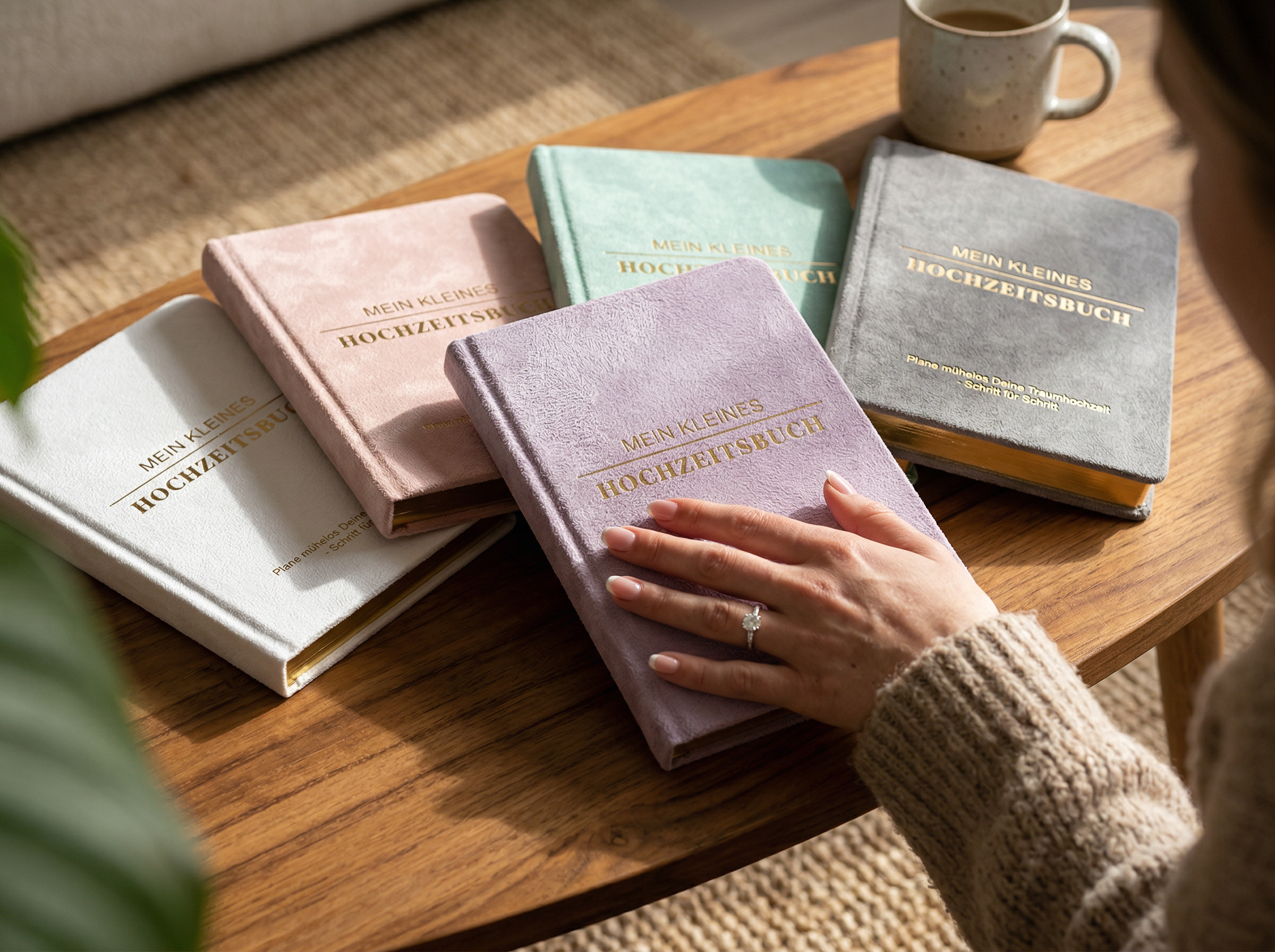 Eine Hand mit einem Ring ruht auf einem lavendelfarbenen Buch mit dem Titel Mein kleines Hochzeitsbuch zwischen fünf pastellfarbenen Hochzeitsplanern auf einem Holztisch, neben einer Tasse Kaffee.