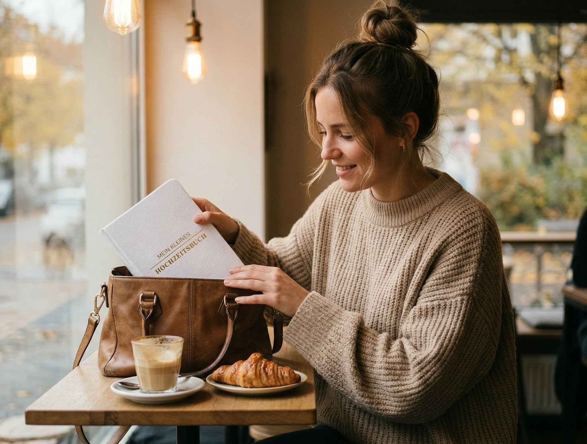 Eine Frau in einem gemütlichen Pullover sitzt an einem Cafétisch mit einem Milchkaffee und einem Croissant und lächelt, während sie ein Notizbuch in ihre braune Handtasche an einem großen Fenster mit sanftem Tageslicht legt.
