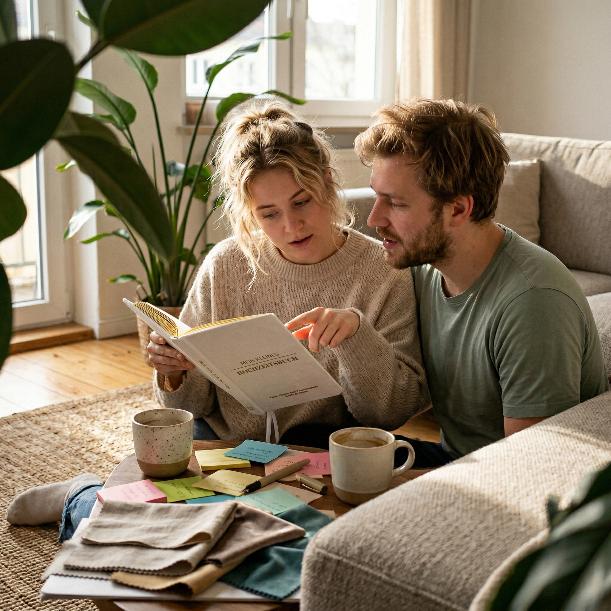 Eine Frau und ein Mann sitzen auf dem Boden neben einem Sofa und lesen gemeinsam ein Buch. Auf dem Tisch vor ihnen liegen Tassen, Notizbücher und bunte Haftnotizen, im Hintergrund sind Pflanzen und Sonnenlicht zu sehen.