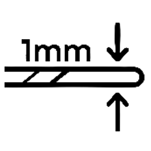 Das Diagramm zeigt den Querschnitt eines Stabes mit abgerundetem Ende, der mit 1 mm Dicke beschriftet ist. Zwei Pfeile zeigen von oben und von unten auf den Stab und geben das Maß von 1 Millimeter an.