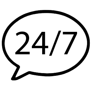 Ein schwarzer Sprechblasenumriss mit dem Text 24/7 in der Mitte, der die Verfügbarkeit oder den Service rund um die Uhr anzeigt. Der Hintergrund ist einfarbig weiß.