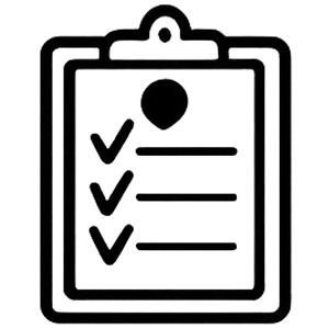 Schwarzes und weißes Symbol einer Zwischenablage mit drei Häkchen neben drei horizontalen Linien, die eine ausgefüllte Checkliste oder Aufgabenliste darstellen.