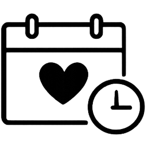Ein schwarzer Umriss eines Kalenders mit einem Herzsymbol in der Mitte und einem Uhrsymbol in der unteren rechten Ecke, das auf ein wichtiges oder besonderes Datum und eine besondere Uhrzeit hinweist.