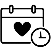 Ein schwarzer Umriss eines Kalenders mit einem Herzsymbol in der Mitte und einem Uhrsymbol in der unteren rechten Ecke, das auf ein wichtiges oder besonderes Datum und eine besondere Uhrzeit hinweist.