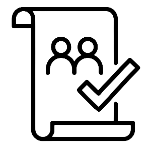 Ein schwarz-weißes Symbol einer Schriftrolle mit zwei Strichmännchen und einem großen Häkchen, das die untere rechte Ecke der Schriftrolle überlappt.