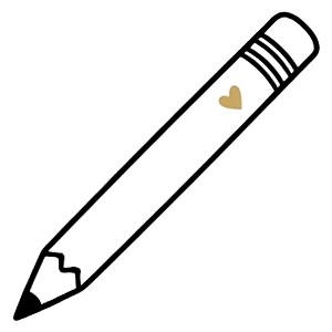 Einfache Schwarz-Weiß-Zeichnung eines Bleistifts mit einem kleinen goldenen Herz am Ende des Radiergummis.