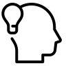 Ein einfacher schwarzer Umriss eines menschlichen Kopfes im Profil mit einer in den Hinterkopf integrierten Glühbirnenform, die eine Idee oder kreatives Denken symbolisiert.