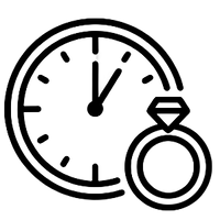 Schwarze Umrissillustration einer Uhr mit 1 Uhr und einem diamantenen Verlobungsring, der die untere rechte Seite des Ziffernblatts überlappt.