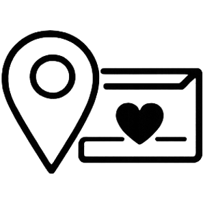 Ein schwarzes Umriss-Symbol einer Anstecknadel neben einem Umschlag mit einem Herzsymbol, das für Liebesbriefe oder das Versenden von Nachrichten mit Liebe steht.