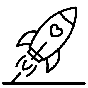 Einfache schwarze Strichzeichnung einer Rakete mit einem Herzsymbol an der Seite, die von einer horizontalen Linie nach oben startet, wobei Bewegungslinien die Bewegung anzeigen.