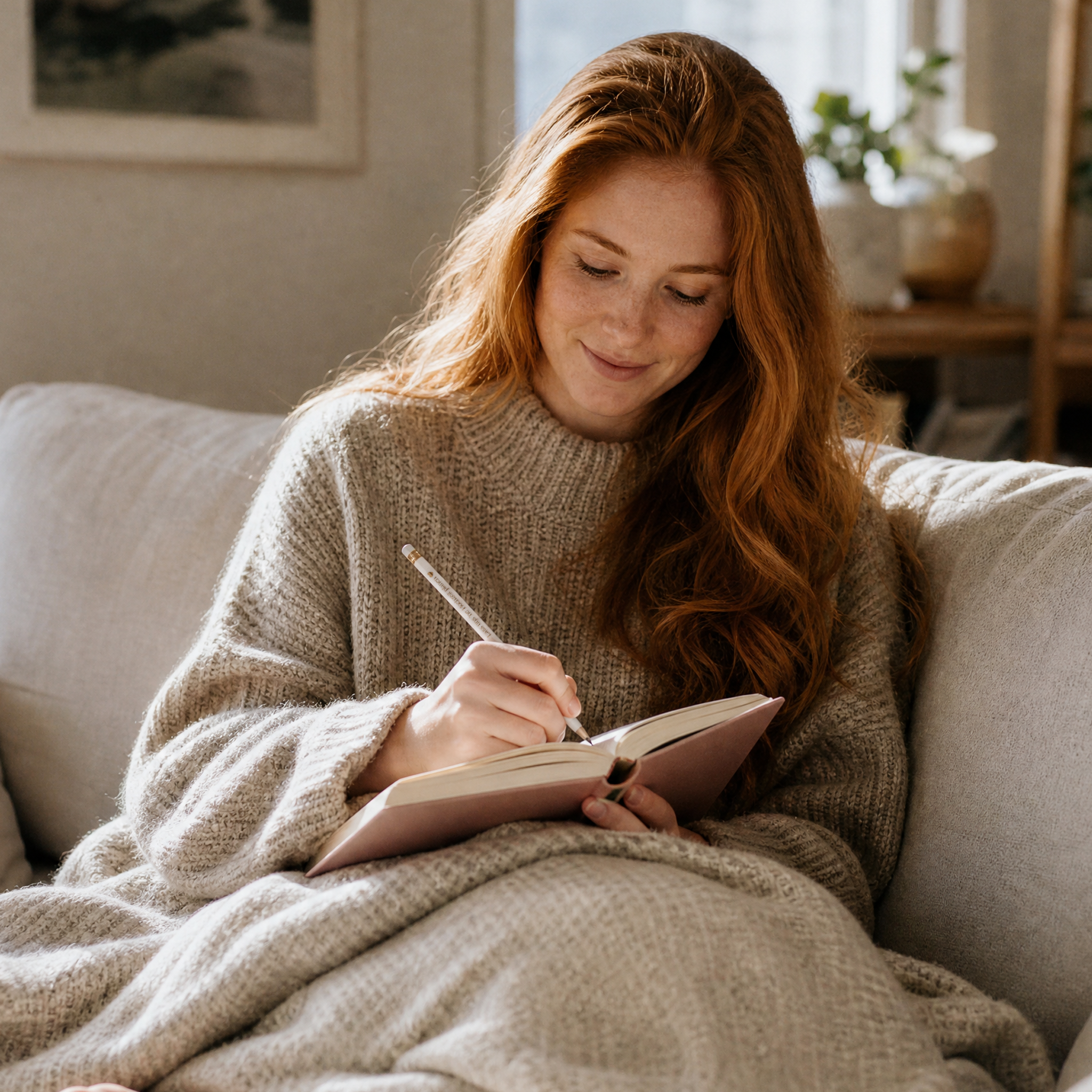 Eine Frau mit langen roten Haaren sitzt auf einer Couch, eingewickelt in einen gemütlichen beigen Pullover und eine Decke, und schreibt lächelnd mit einem Bleistift in ein Notizbuch.
