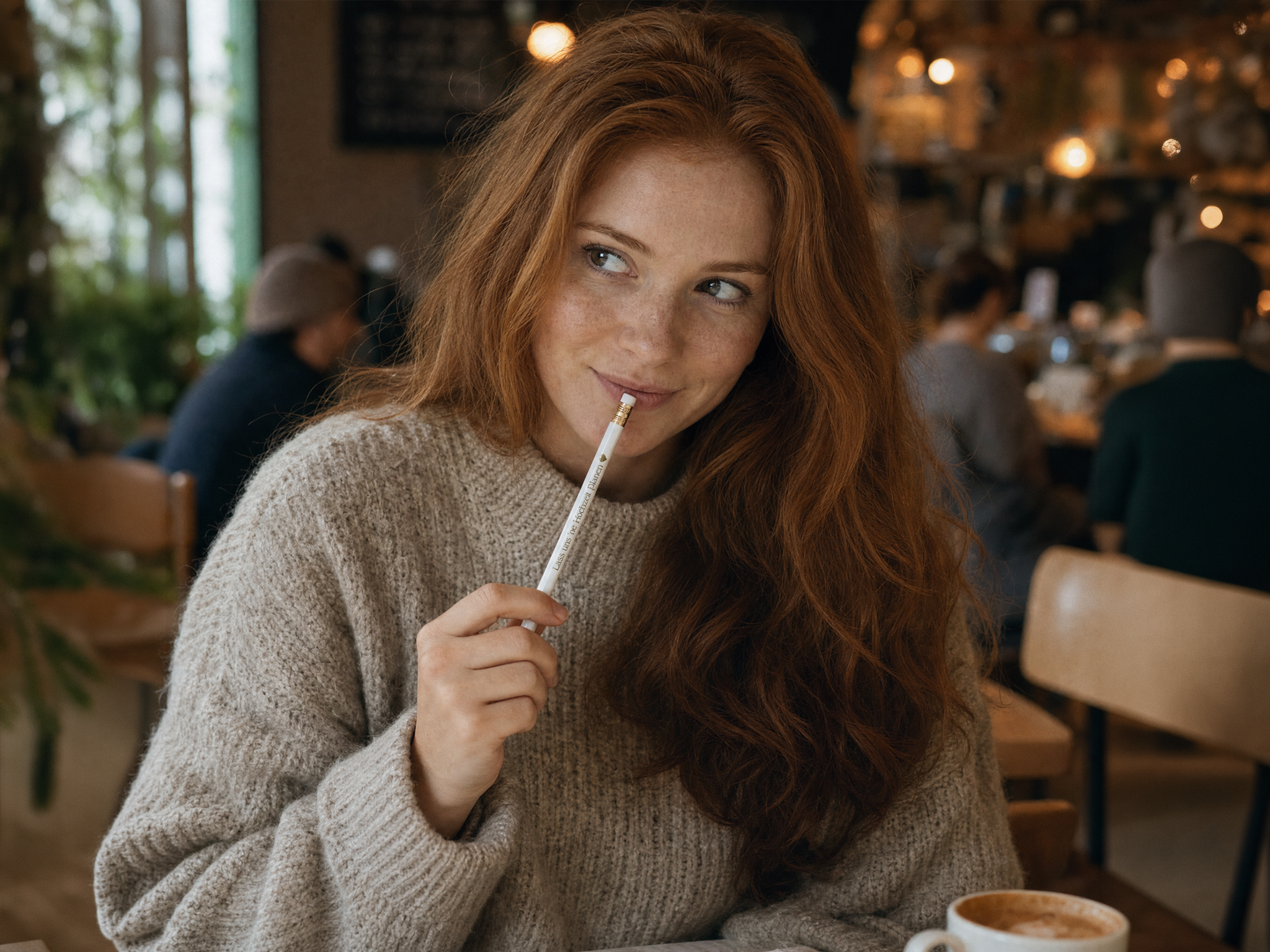 Eine Frau mit langen roten Haaren und einem gemütlichen beigen Pullover sitzt an einem Kaffeetisch, hält einen Stift an ihre Lippen und lächelt nachdenklich. Vor ihr steht eine Tasse Kaffee, und im Hintergrund ist ein belebtes, sanft beleuchtetes Café zu sehen.