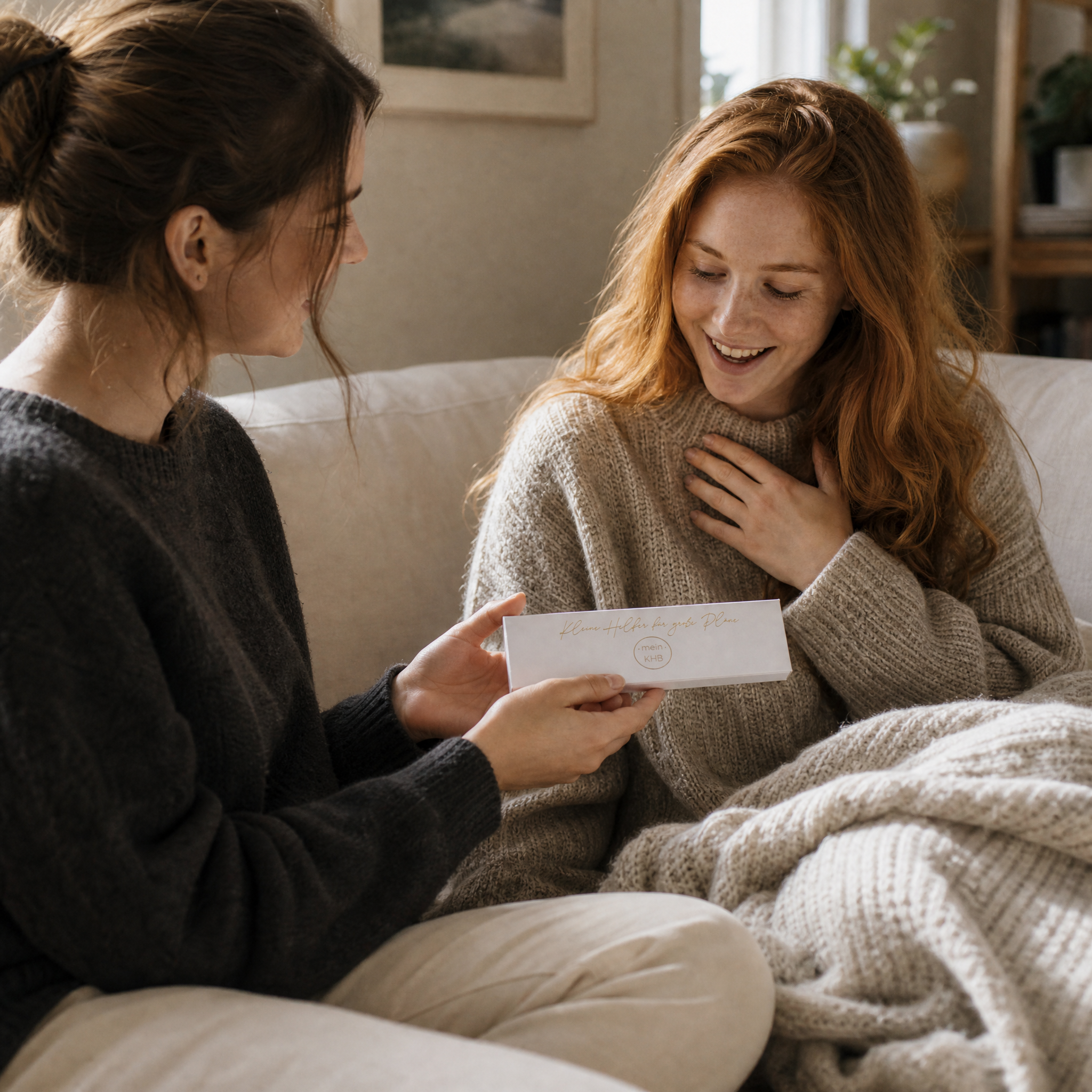 Zwei junge Frauen sitzen auf einer gemütlichen Couch; die eine hält der anderen, die überrascht und erfreut dreinschaut, einen Umschlag hin und legt eine Hand auf ihre Brust. Beide tragen warme Pullover, und über ihren Schoß ist eine Strickdecke drapiert.