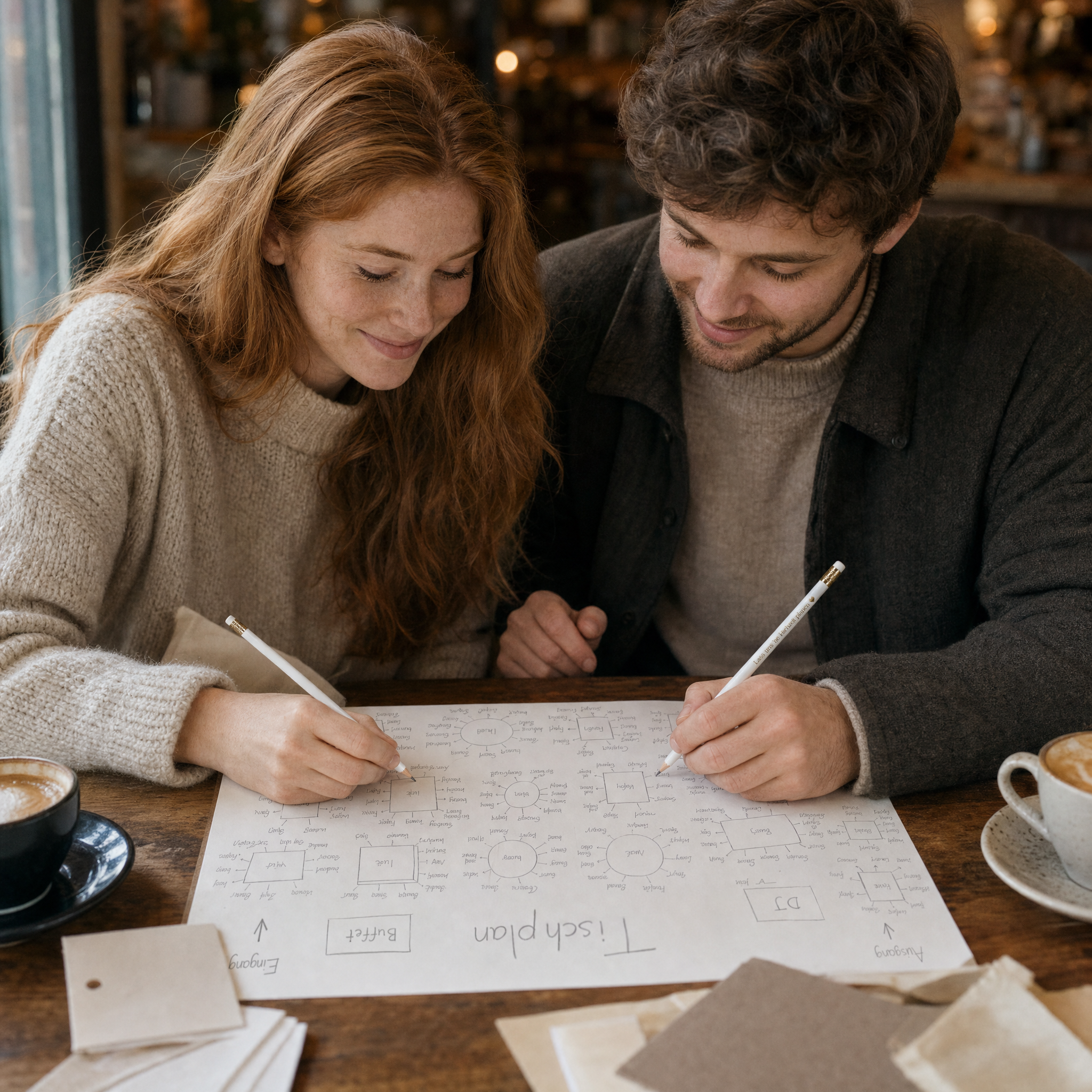 Ein lächelndes Paar sitzt an einem Holztisch in einem gemütlichen Café und arbeitet gemeinsam an einem großen Papier mit dem Titel Aufgabenplan, umgeben von Kaffeetassen, Papieren und Notizbüchern. Beide schreiben mit Bleistiften und wirken konzentriert und glücklich.
