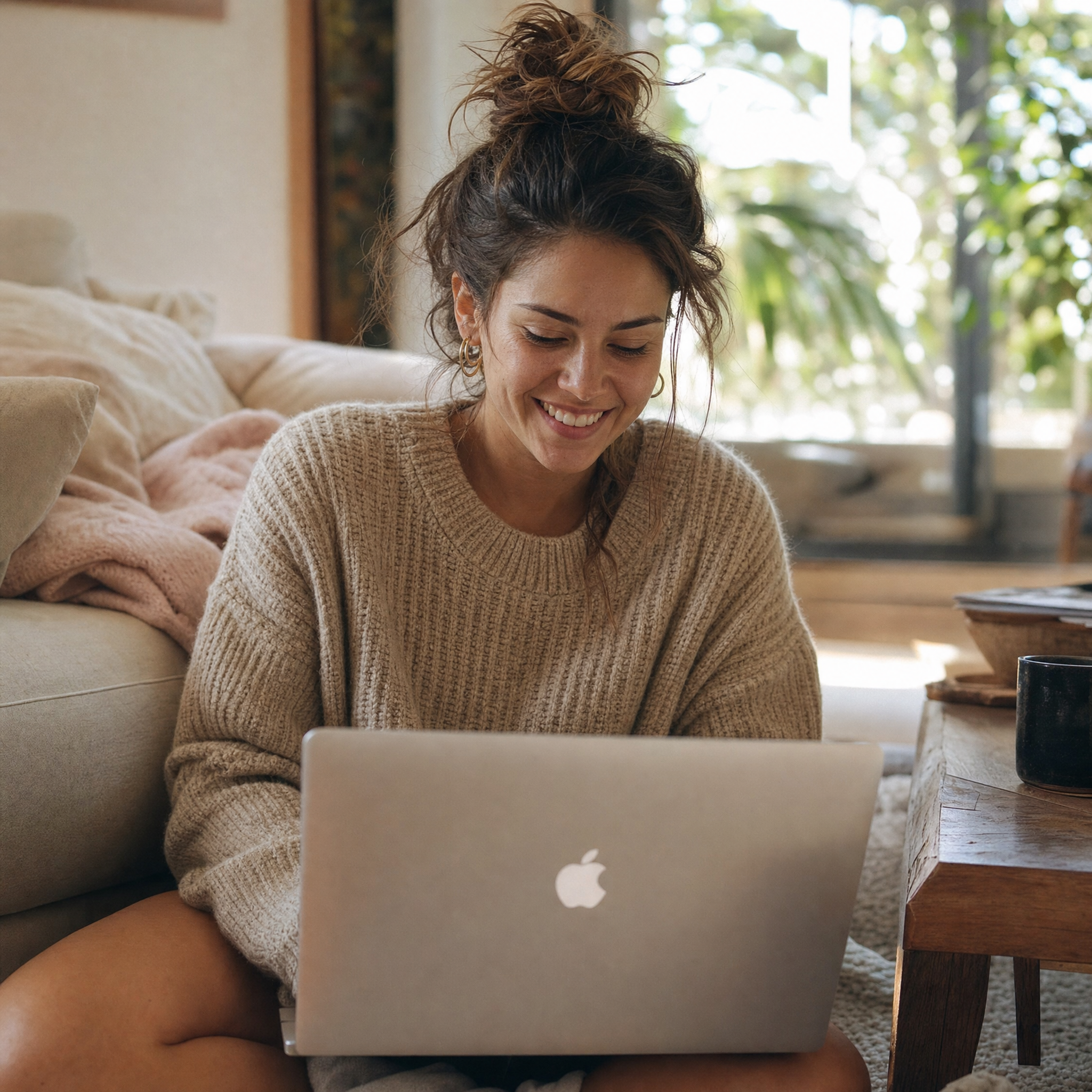 Eine Frau in einem gemütlichen Pullover sitzt auf dem Boden und lächelt, während sie einen Laptop in einem hellen, gemütlichen Wohnzimmer mit natürlichem Licht und Grün im Hintergrund benutzt.