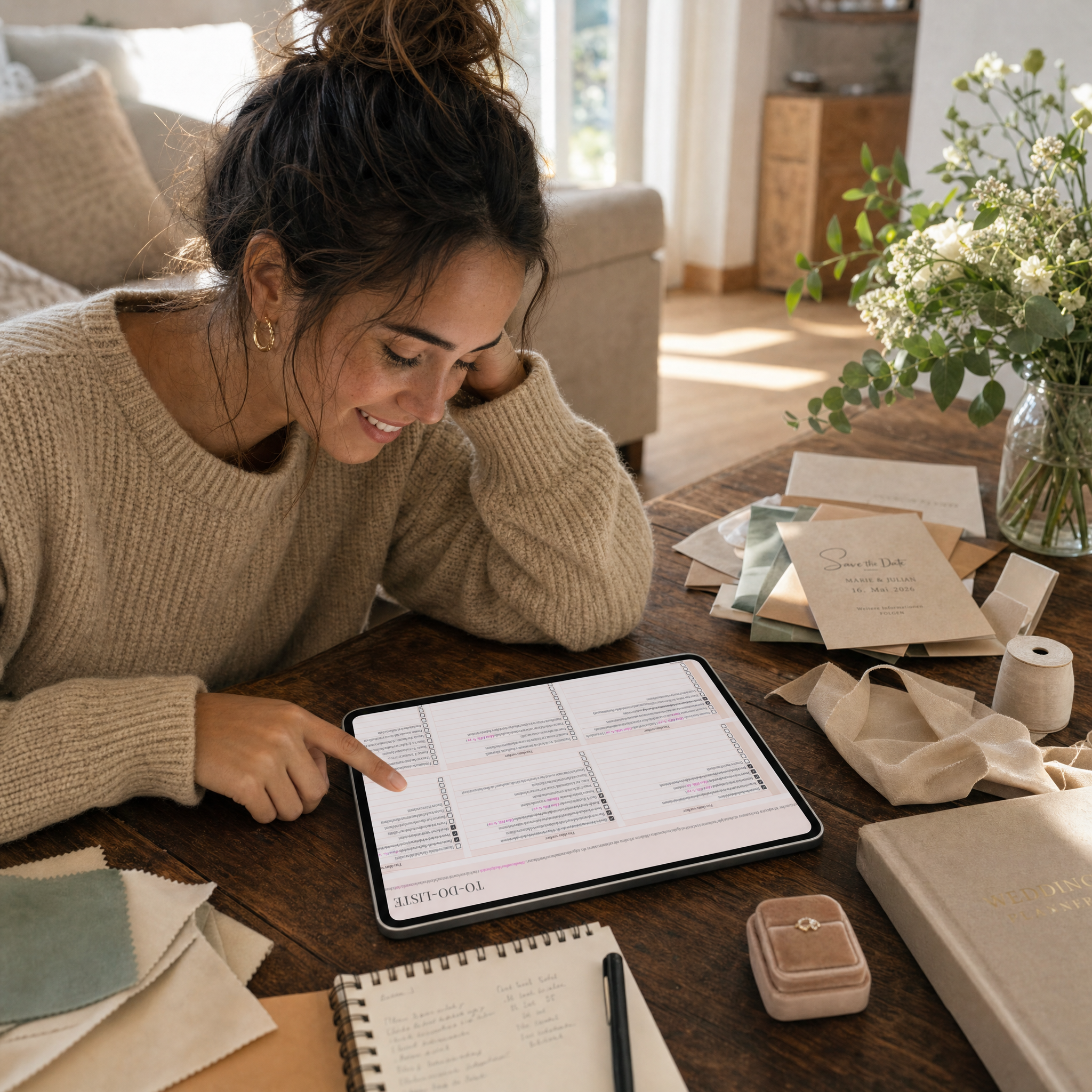 Eine Frau sitzt an einem Holztisch, lächelt und schaut auf einen digitalen Planer auf einem Tablet. Auf dem Tisch liegen Stoffmuster, ein Notizbuch, Hochzeitseinladungen, Bänder und eine offene Ringschachtel.