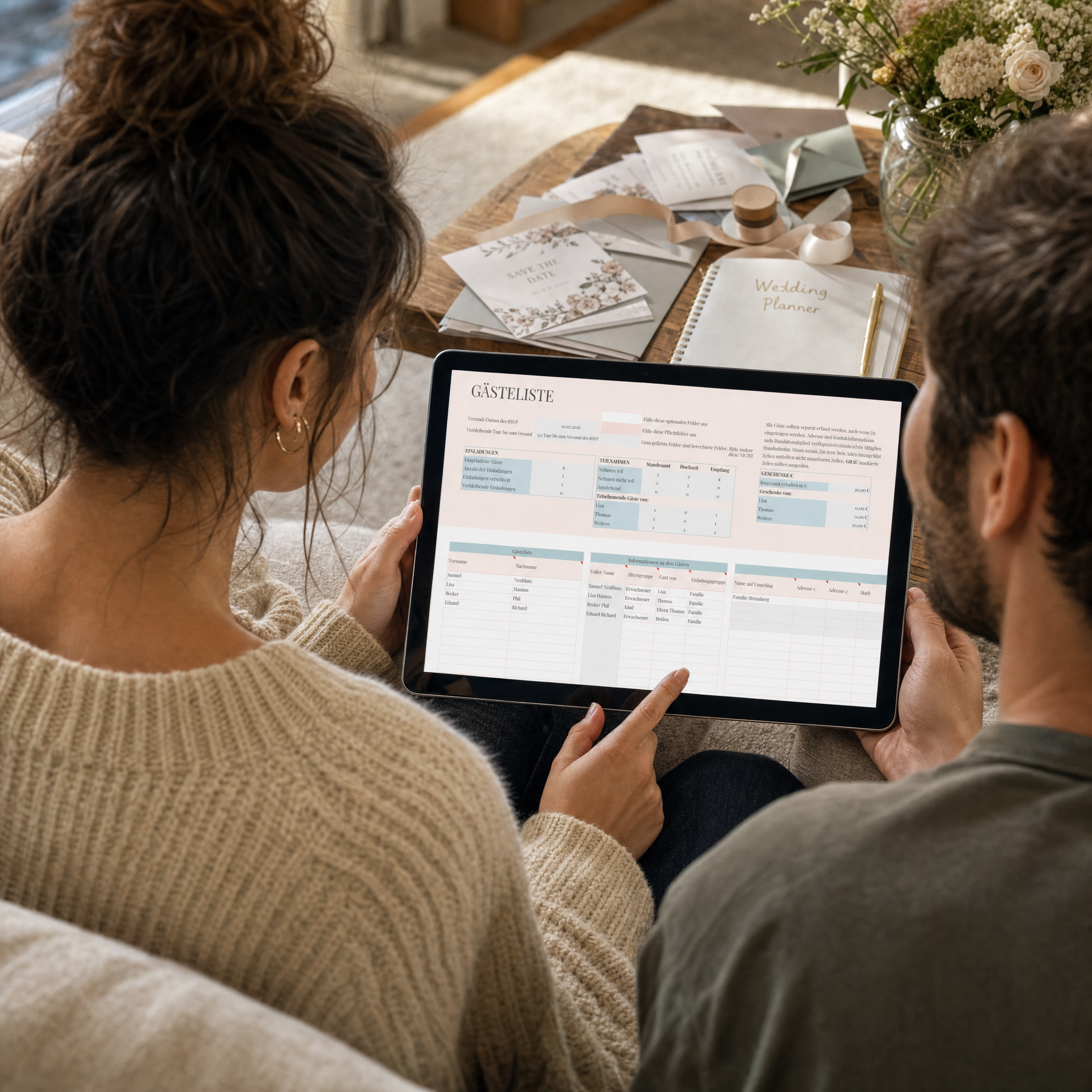 Ein Paar sitzt zusammen auf einer Couch und sieht sich eine digitale Gästeliste auf einem Tablet an. Auf dem Couchtisch vor ihnen liegen Materialien für die Hochzeitsplanung, Blumen und Briefpapier bereit.