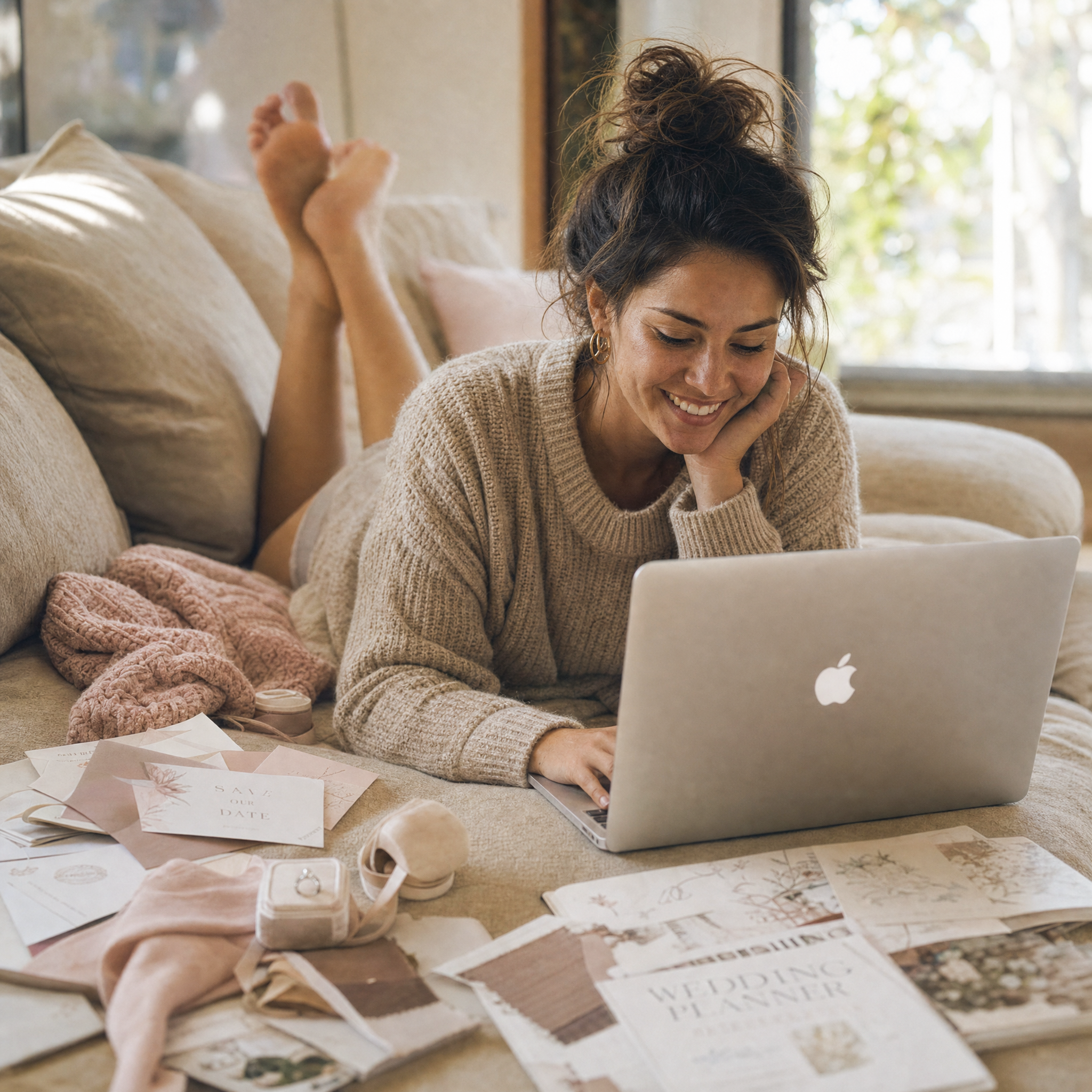 Eine Frau in einem gemütlichen Pullover liegt auf einer Couch und arbeitet lächelnd an einem Laptop. Auf dem Couchtisch vor ihr sind Hochzeitsplanungsunterlagen, Einladungen und Notizen ausgebreitet. Sonnenlicht strömt durch ein Fenster in der Nähe.