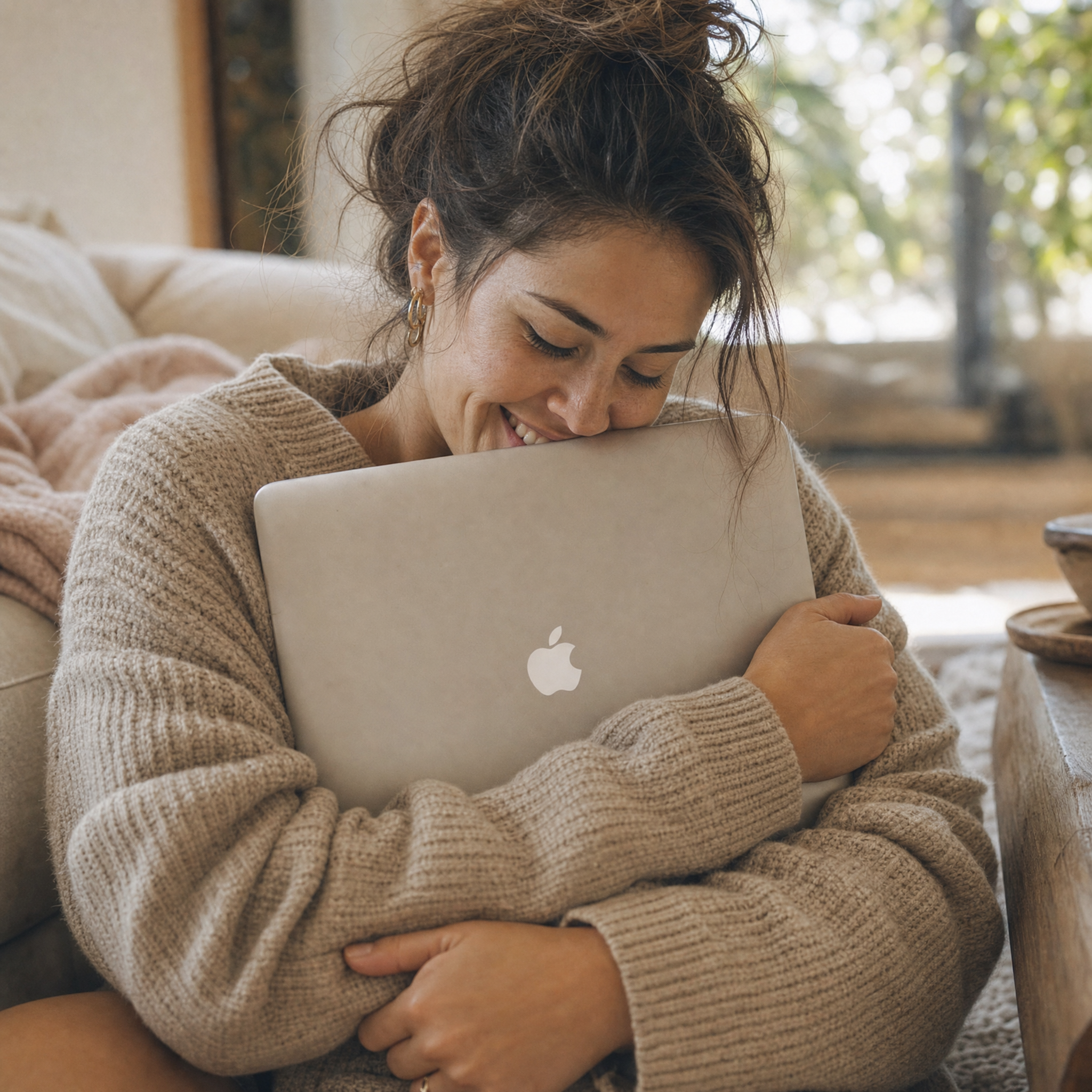 Eine Frau in einem gemütlichen beigen Pullover sitzt in einem Haus und lächelt mit geschlossenen Augen, während sie einen silbernen Apple-Laptop an ihre Brust drückt. Sie wirkt zufrieden und entspannt, während im Hintergrund Sonnenlicht und Grün zu sehen sind.