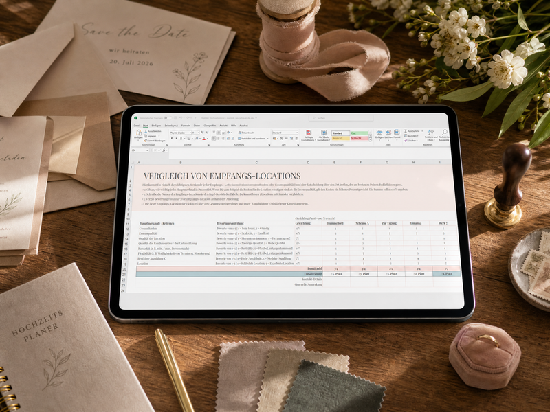 Ein Tablet auf einem Holztisch zeigt eine deutsche Excel-Tabelle, in der Veranstaltungsorte für Hochzeitsfeiern verglichen werden. In der Umgebung befinden sich Hochzeitspapier, Blumen, Schleifenband, ein Stift und ein Hochzeitsplanerbuch.