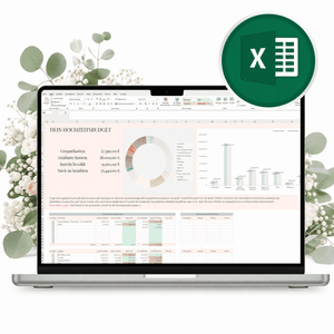 Der "Digitaler Hochzeitsplaner - Excel" von Mein kleines Hochzeitsbüro zeigt Tabellen  Diagramme auf einem Laptop vor blumigen Motiven mit Excel-Logo - perfekt für alle, die ihre Hochzeitsplanung digital gestalten möchten.