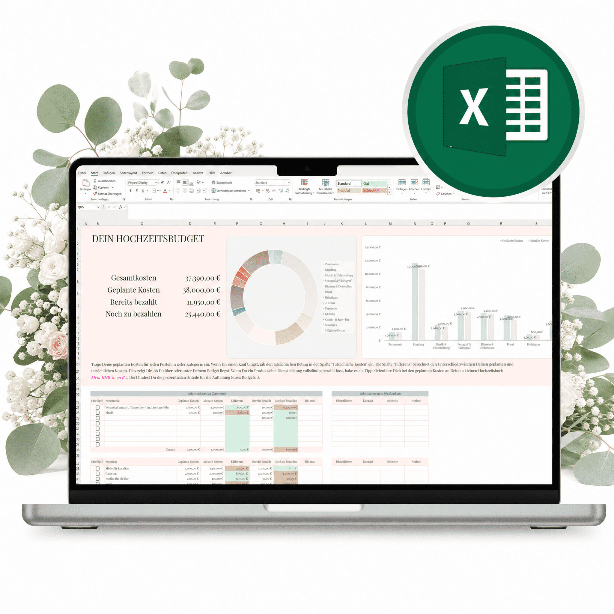 Der "Digitaler Hochzeitsplaner - Excel" von Mein kleines Hochzeitsbüro zeigt Tabellen  Diagramme auf einem Laptop vor blumigen Motiven mit Excel-Logo - perfekt für alle, die ihre Hochzeitsplanung digital gestalten möchten.