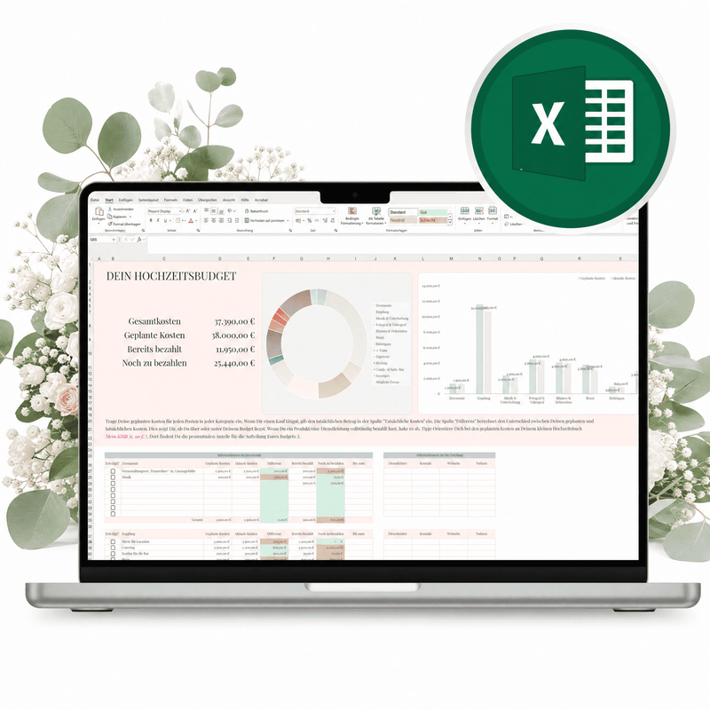 Der "Digitaler Hochzeitsplaner - Excel" von Mein kleines Hochzeitsbüro zeigt Tabellen  Diagramme auf einem Laptop vor blumigen Motiven mit Excel-Logo - perfekt für alle, die ihre Hochzeitsplanung digital gestalten möchten.