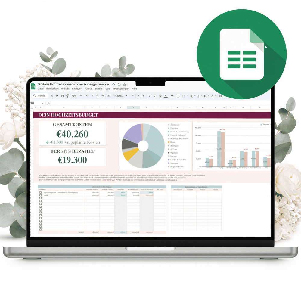 Auf einem Laptop ist eine deutschsprachige Tabelle mit Diagrammen und Tabellen für das Hochzeitsbudget zu sehen. Ein Blumendekor umgibt es und unterstreicht "Digitaler Hochzeitsplaner - Google Sheets" von Mein kleines Hochzeitsbüro; das Google Sheets-Symbol erscheint in der oberen rechten Ecke.