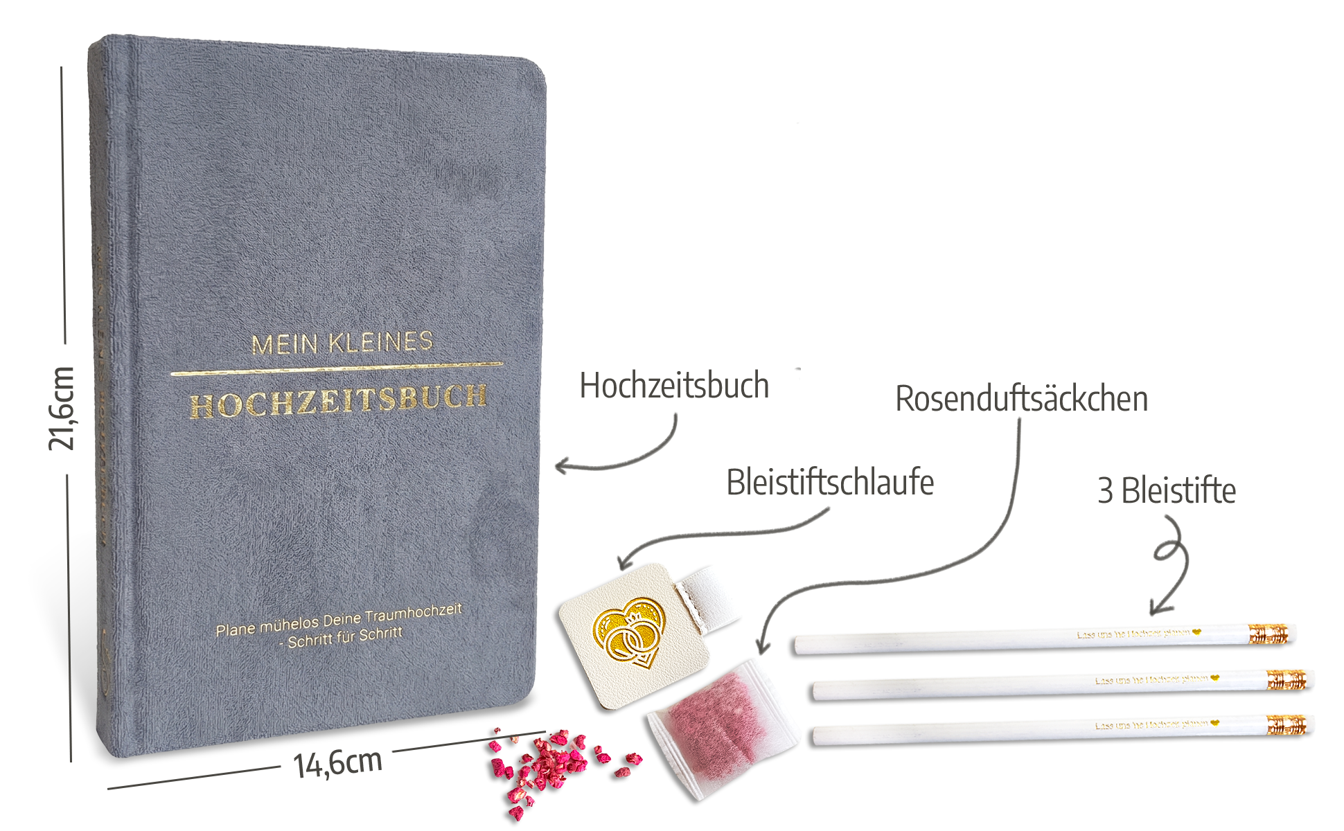 Ein graues Hochzeitsplanungsbuch mit goldenem Text, drei weiße Bleistifte, ein Bleistifthalter, ein Tütchen mit rosafarbenem Potpourri und kleine herzförmige Dekorationen sind auf einem weißen Hintergrund mit deutschsprachigen Etiketten angeordnet.