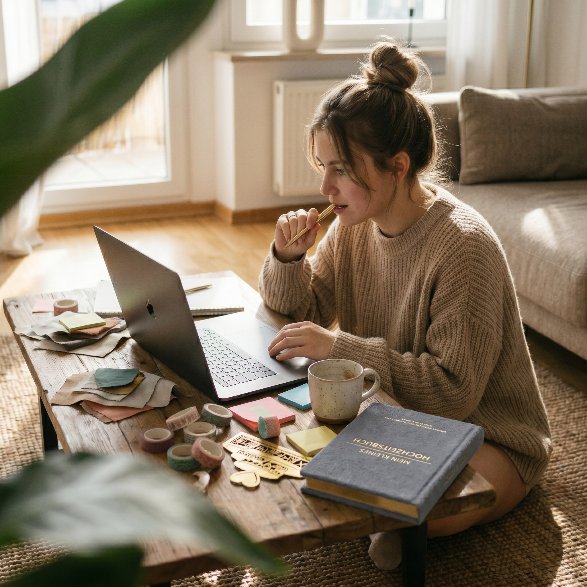 Eine junge Frau in einem gemütlichen Pullover sitzt an einem hölzernen Couchtisch und arbeitet an einem Laptop. Sie hält einen Keks in der Hand, während um sie herum in einem sonnendurchfluteten Wohnzimmer Schreibwaren, eine Tasse und ein großes Buch ausgebreitet sind.