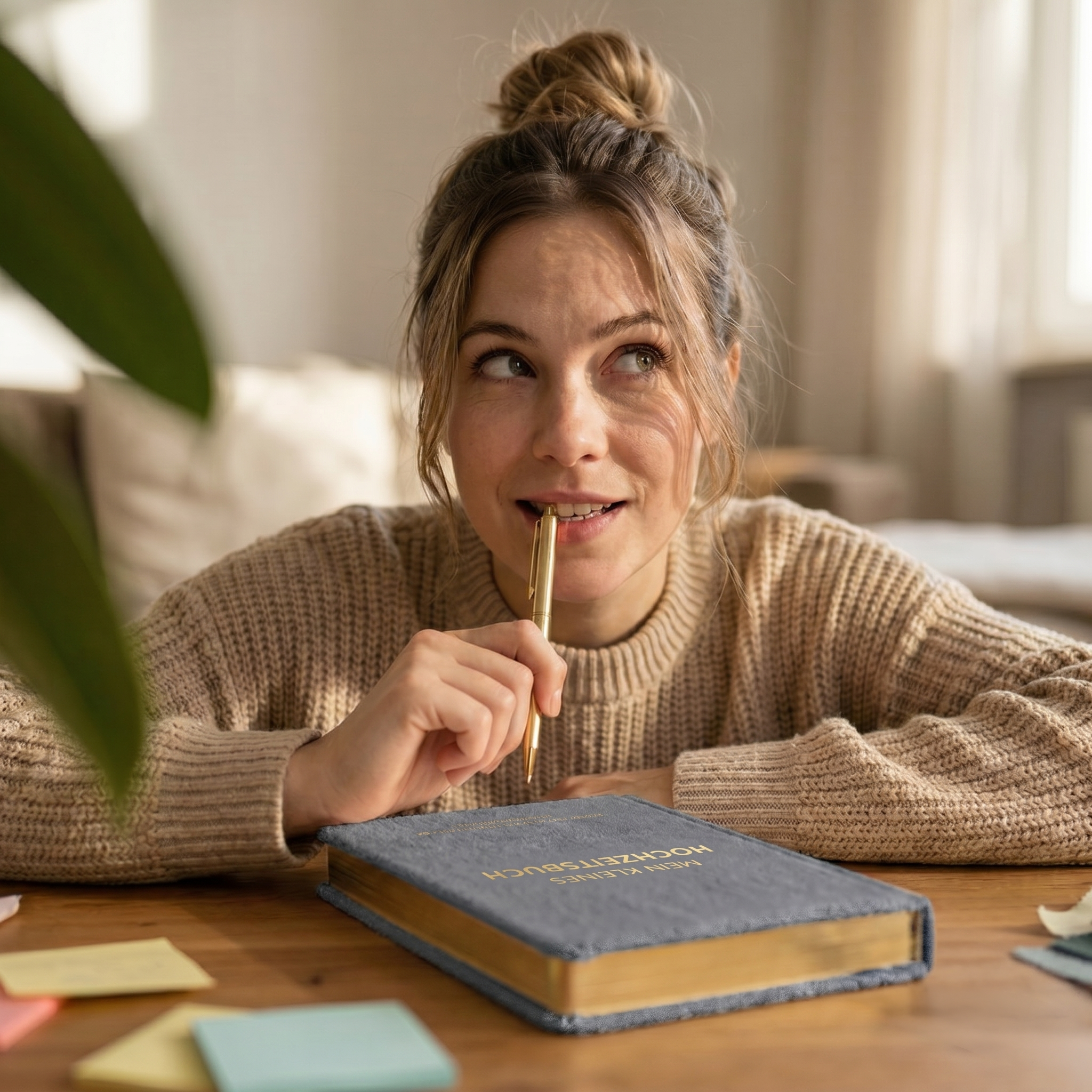 Eine junge Frau in einem beigen Pullover sitzt an einem Tisch, hält einen Stift an ihre Lippen und blickt nachdenklich nach oben. Vor ihr liegt ein geschlossenes Notizbuch, und auf dem Tisch sind bunte Klebezettel verstreut.