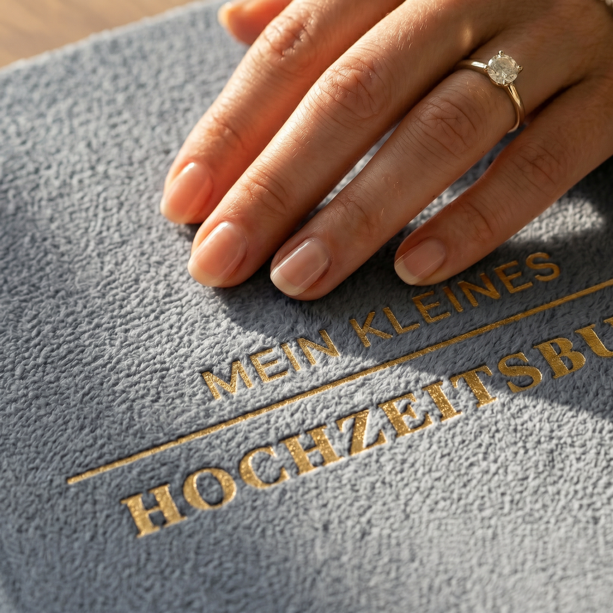 Eine Hand mit einem Diamantring ruht auf einem unscharfen grauen Buch mit goldener Schrift, auf dem MEIN KLEINES HOCHZEITSBUCH steht.