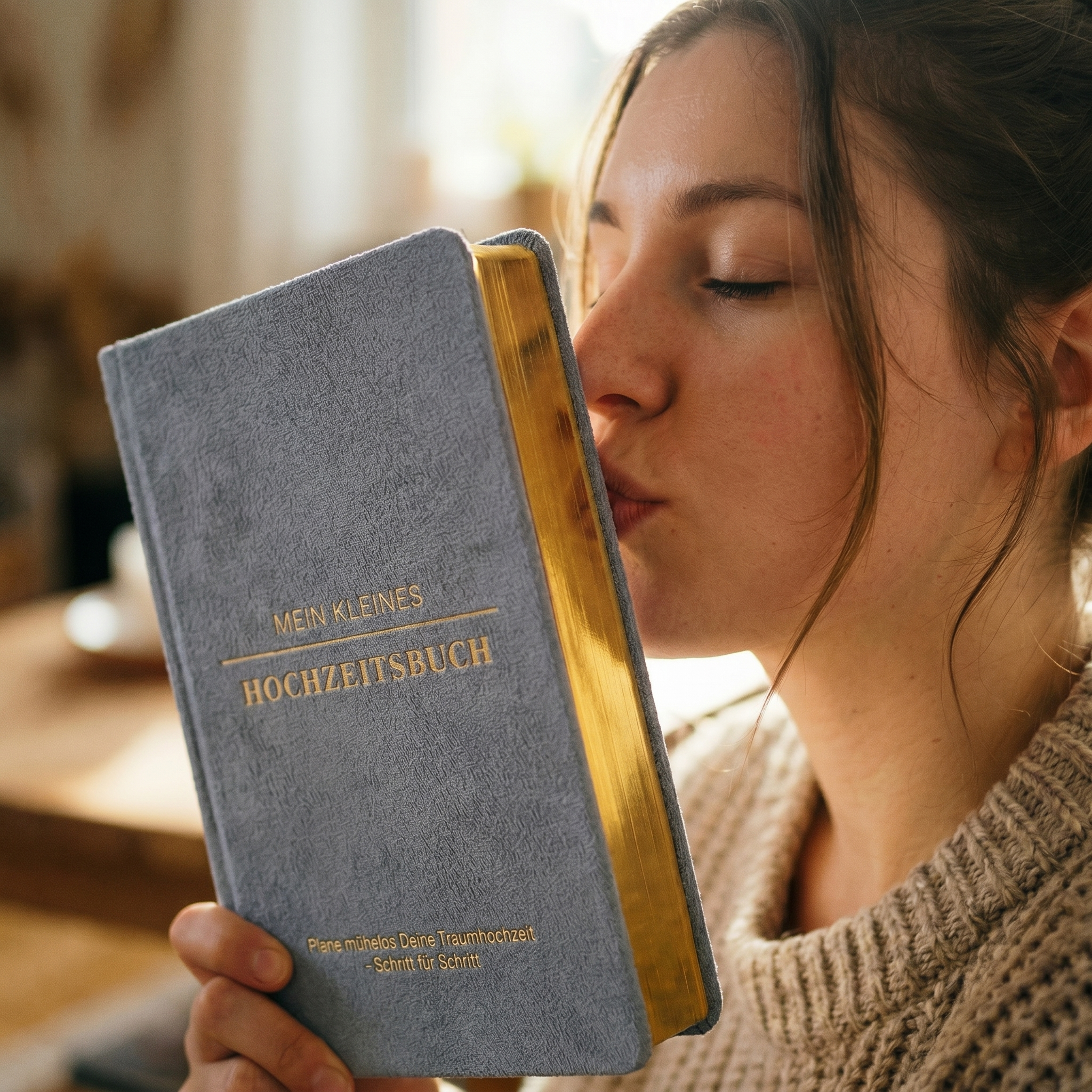 Eine Frau mit hellbraunem Haar küsst den Einband eines Buches mit dem Titel "Mein kleines Hochzeitsbuch" mit goldumrandeten Seiten. Sie wirkt ergriffen und trägt einen beigen Strickpullover.