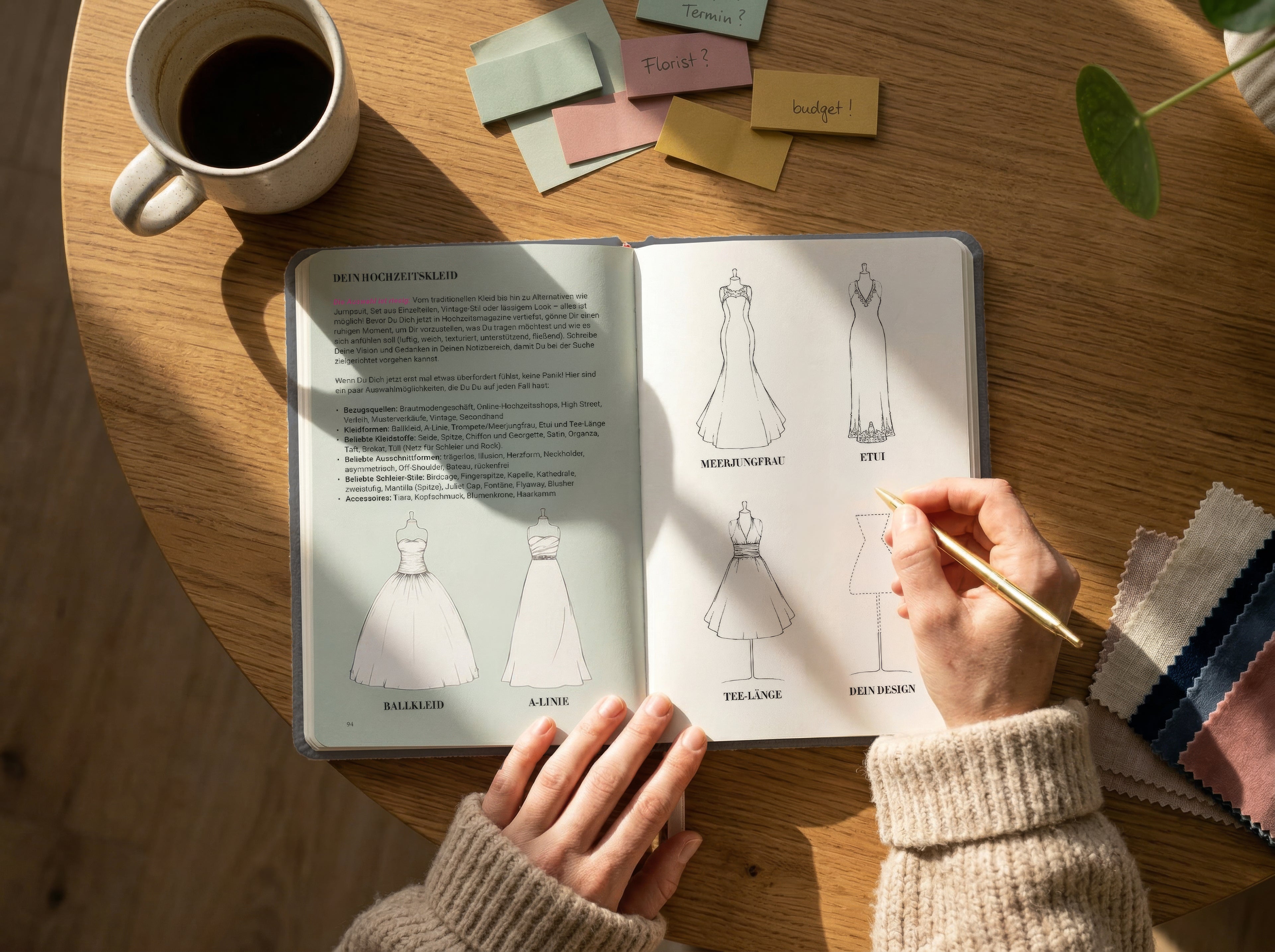 Eine Person in einem gemütlichen Pullover skizziert Entwürfe für Brautkleider in einem Notizbuch auf einem Holztisch, umgeben von Stoffmustern, Haftnotizen und einer Tasse Kaffee.