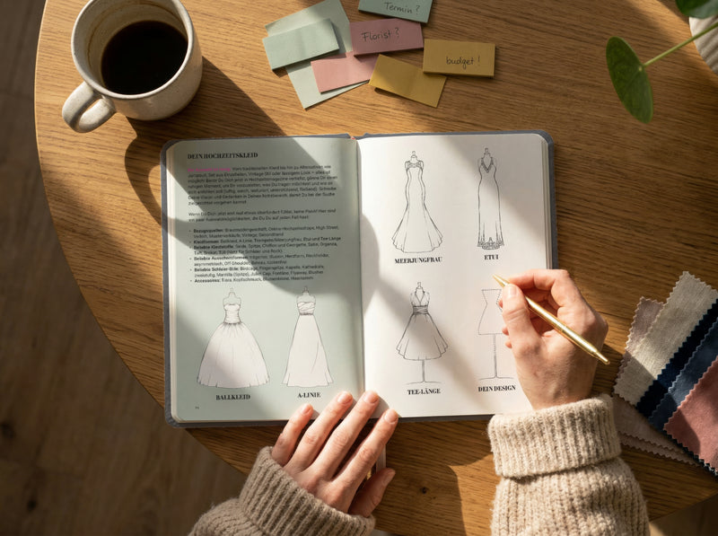 Eine Person in einem gemütlichen Pullover skizziert Entwürfe für Brautkleider in einem Notizbuch auf einem Holztisch, umgeben von Stoffmustern, Haftnotizen und einer Tasse Kaffee.