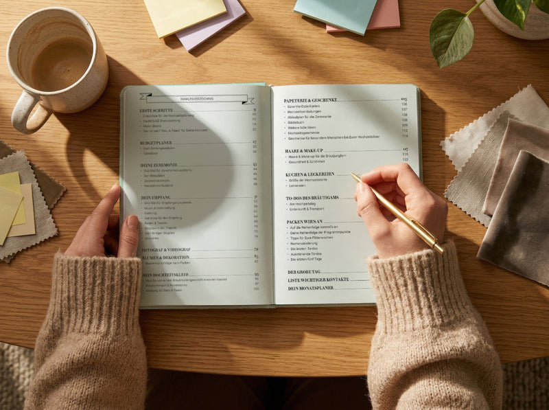 Eine Person in einem beigen Pullover hält einen Stift in der Hand und schreibt in ein aufgeschlagenes Buch oder einen Planer auf einem Holztisch, in dessen Nähe eine Tasse Kaffee, Stoffmuster und bunte Haftnotizen stehen.