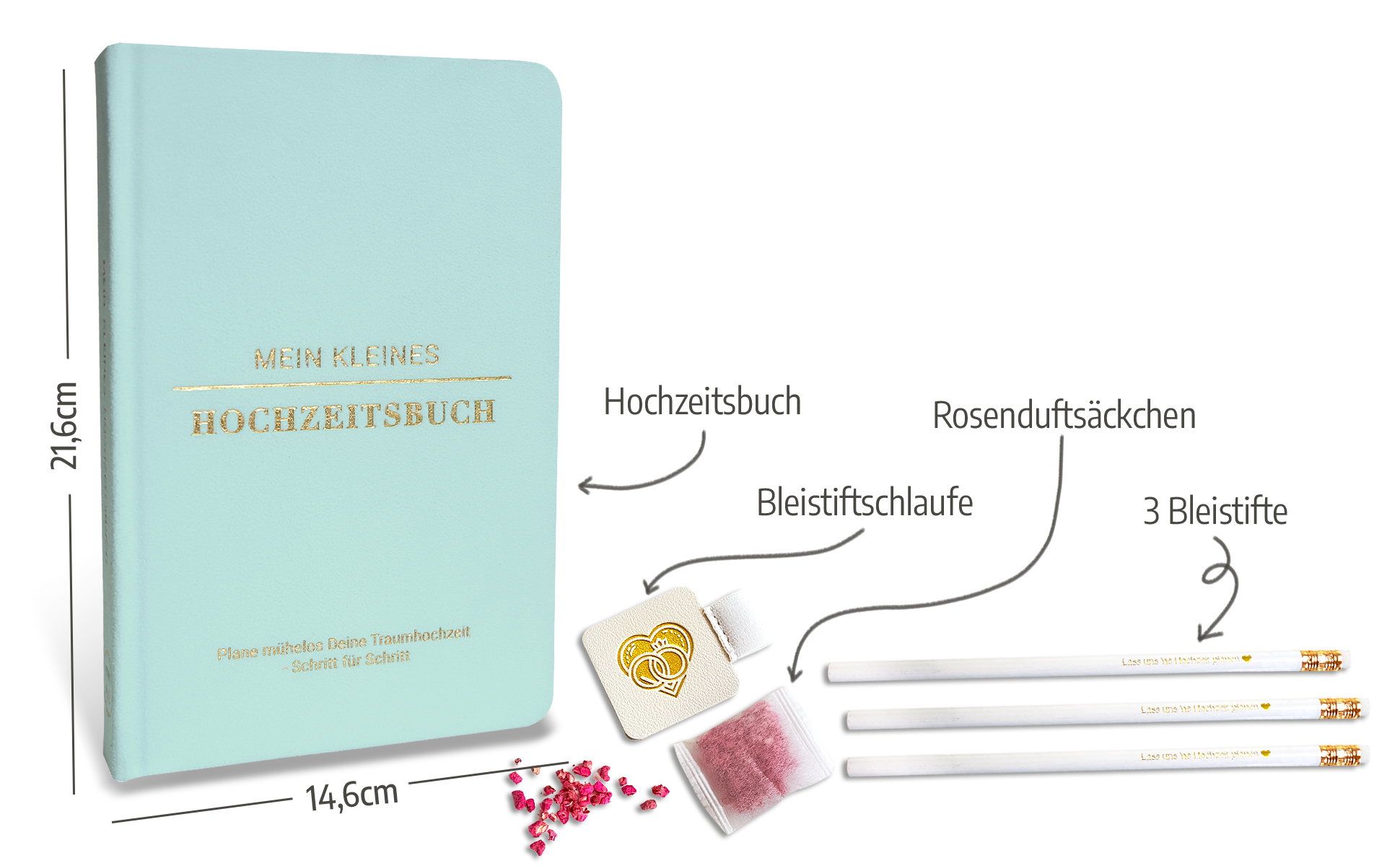 Ein hellblaues Hochzeitsplanerbuch mit goldenem Text, ein rosa Organzasäckchen mit Rosenblüten, ein weißer Bleistifthalter und drei weiße Bleistifte mit goldenen Spitzen, alle mit Pfeilen auf Deutsch beschriftet.