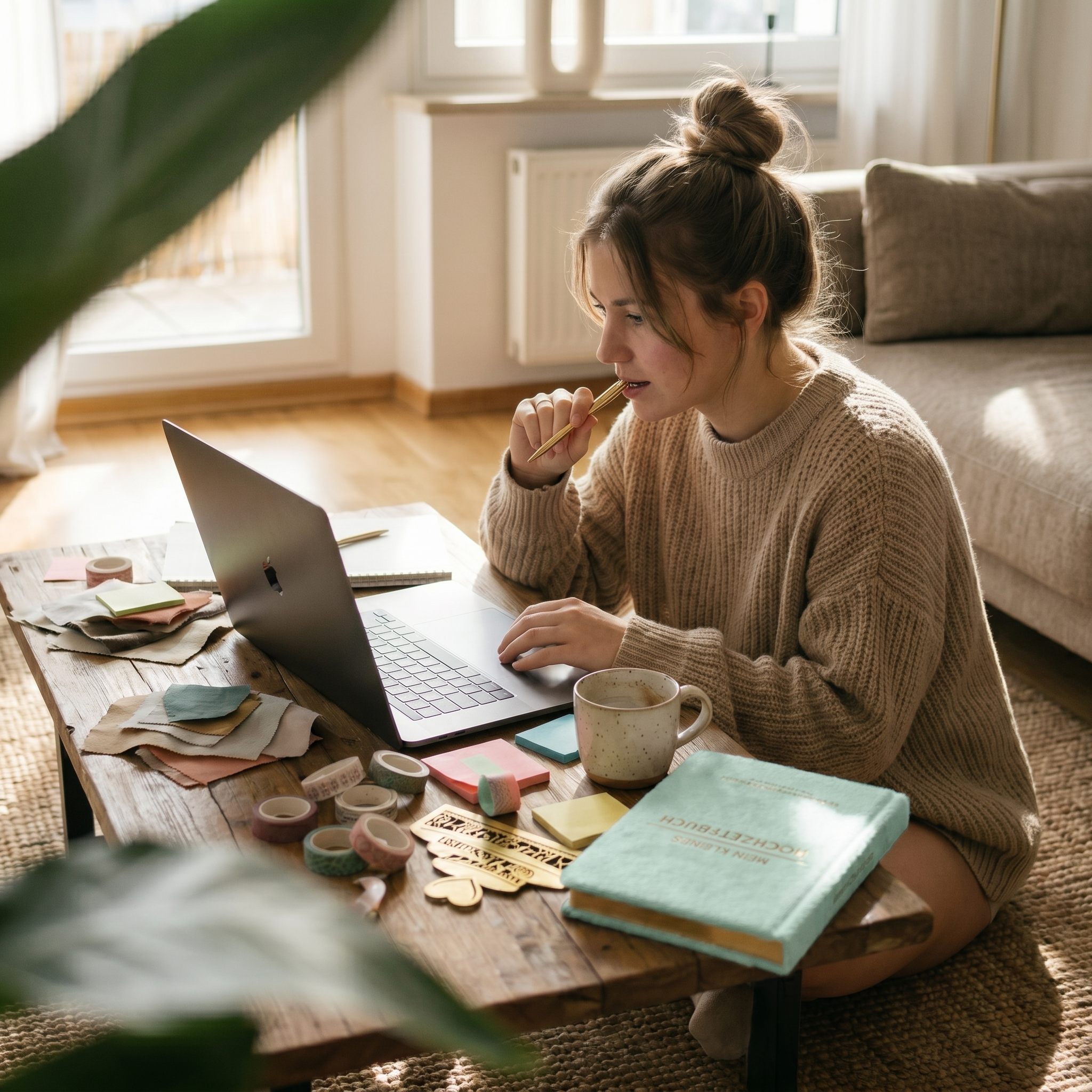 Eine junge Frau in einem gemütlichen Pullover arbeitet an einem Couchtisch mit einem Laptop, umgeben von Notizbüchern, Haftnotizen, Washi-Tape und einer Tasse, während sie in einem sonnendurchfluteten Wohnzimmer nachdenklich auf einem Stift kaut.